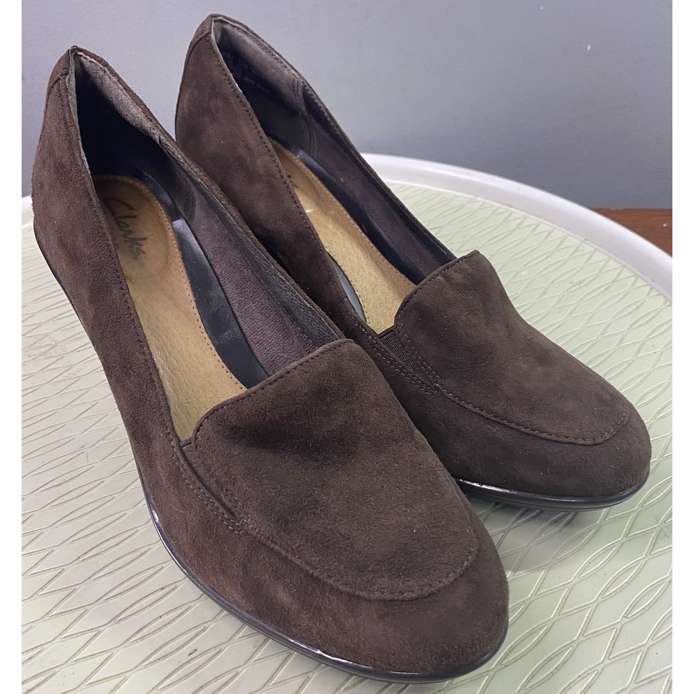 Clarks Artisan Women Brown Suede Dress Shoes Wedge Heeled Loafers 7.5 M